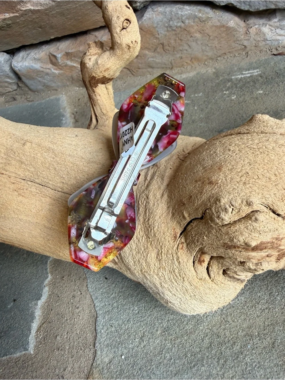 New🌟anthropologie-Elegant Marble Bow Hair Clip with Pink Crystal Accents